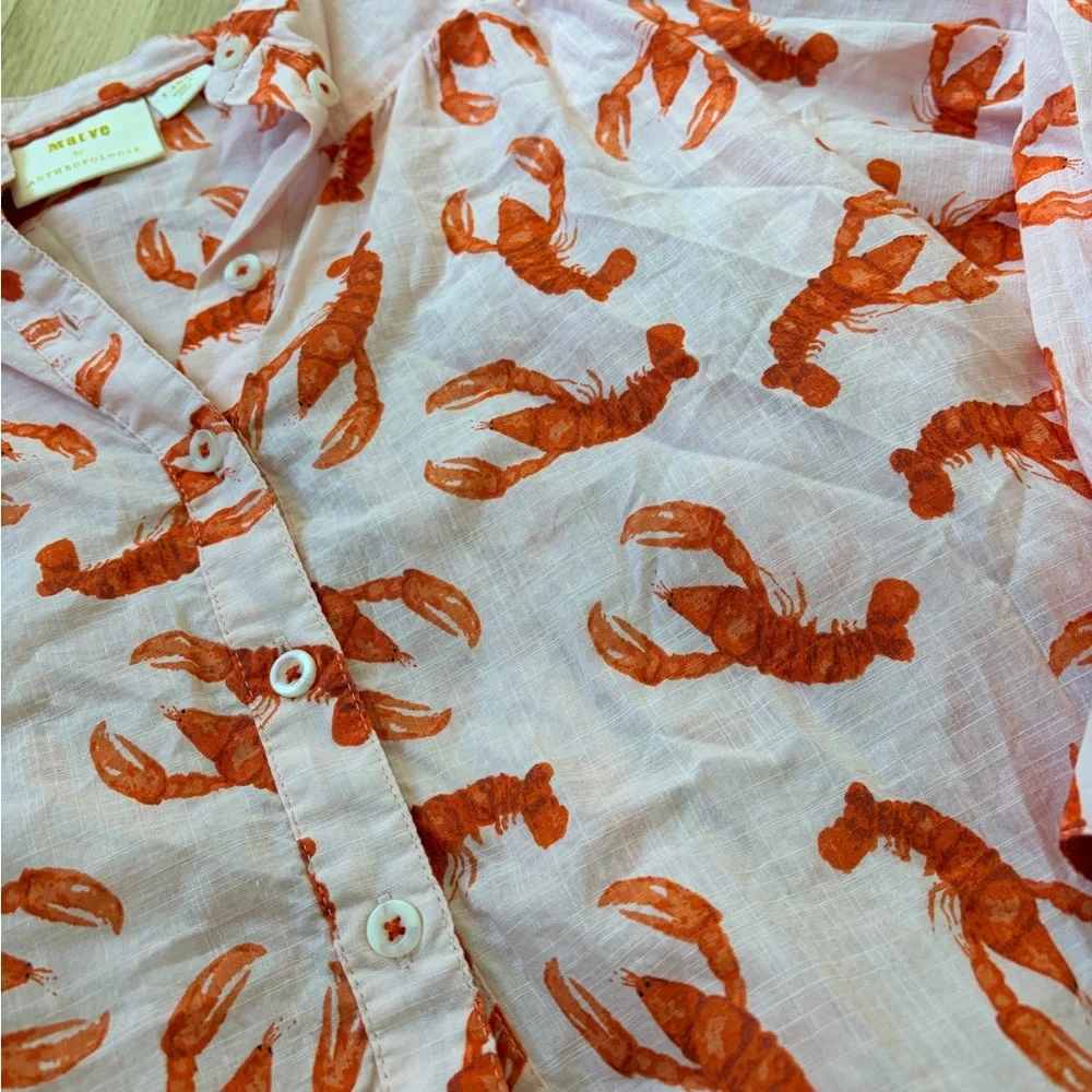 Maeve Anthropologie Lobster Print Button Down Blouse XS Pink Coastal Cotton Top - Picture 4 of 7